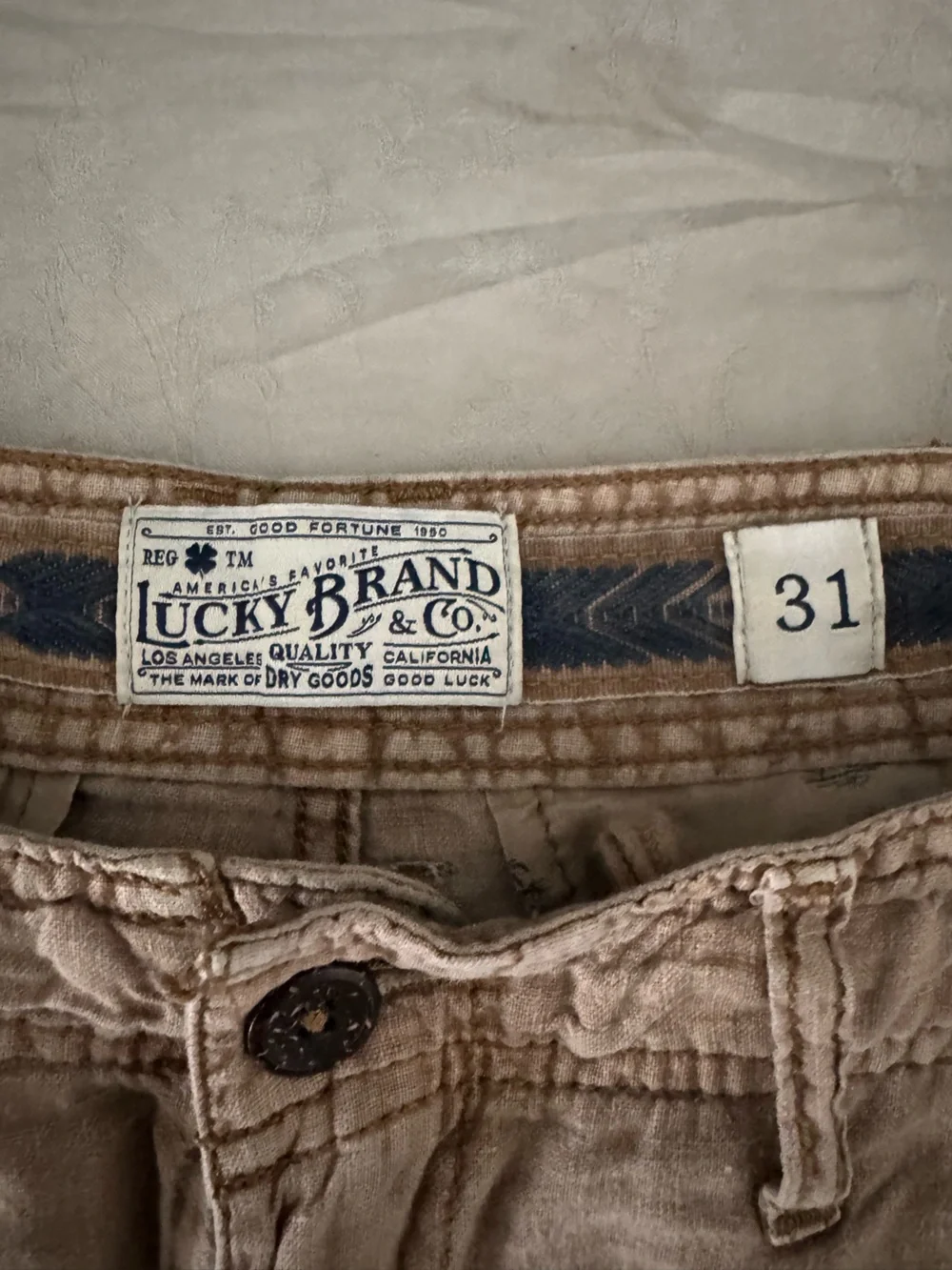 Lucky Brand 100% Linen  Shorts Men’s 31 Khaki Tan 9” Casual Summer Classic